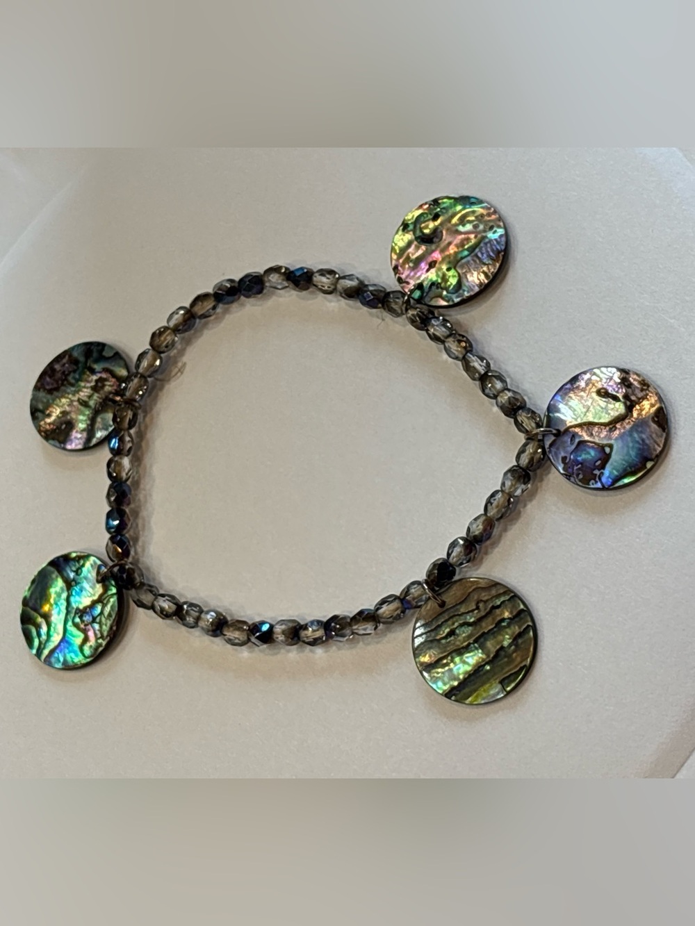 Iridescent Abalone Disc Charm Beaded Bracelet - New, Beachy, Whimsical